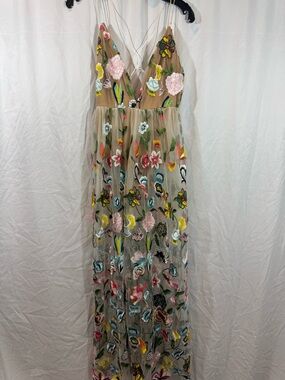 L'ATISTE Tan Sheer Maxi Dress with Multicolor Floral Embroidery S
